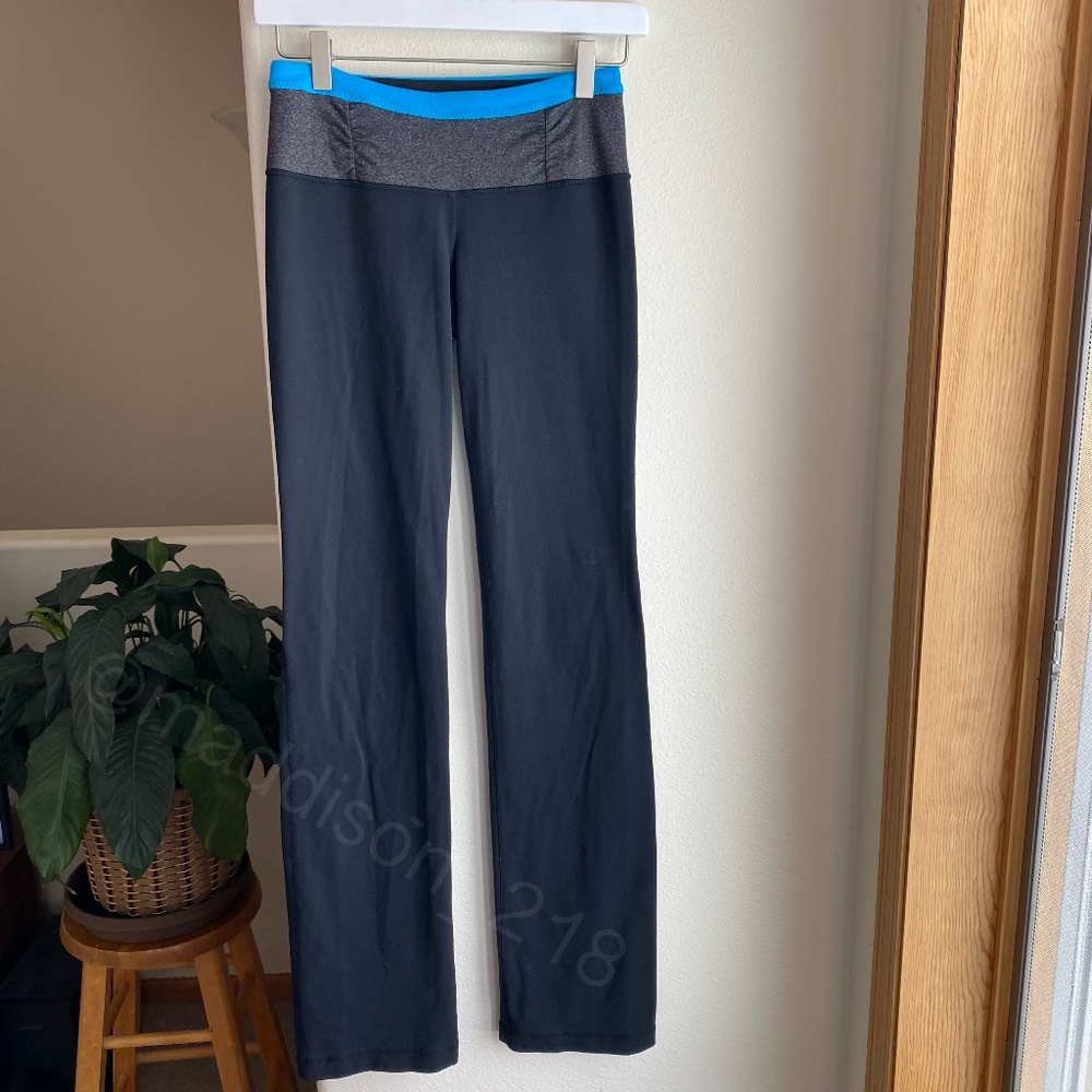 Lululemon Straight Leg Leggings Ruched Waistband Colorblocking Black Grey Blue 4